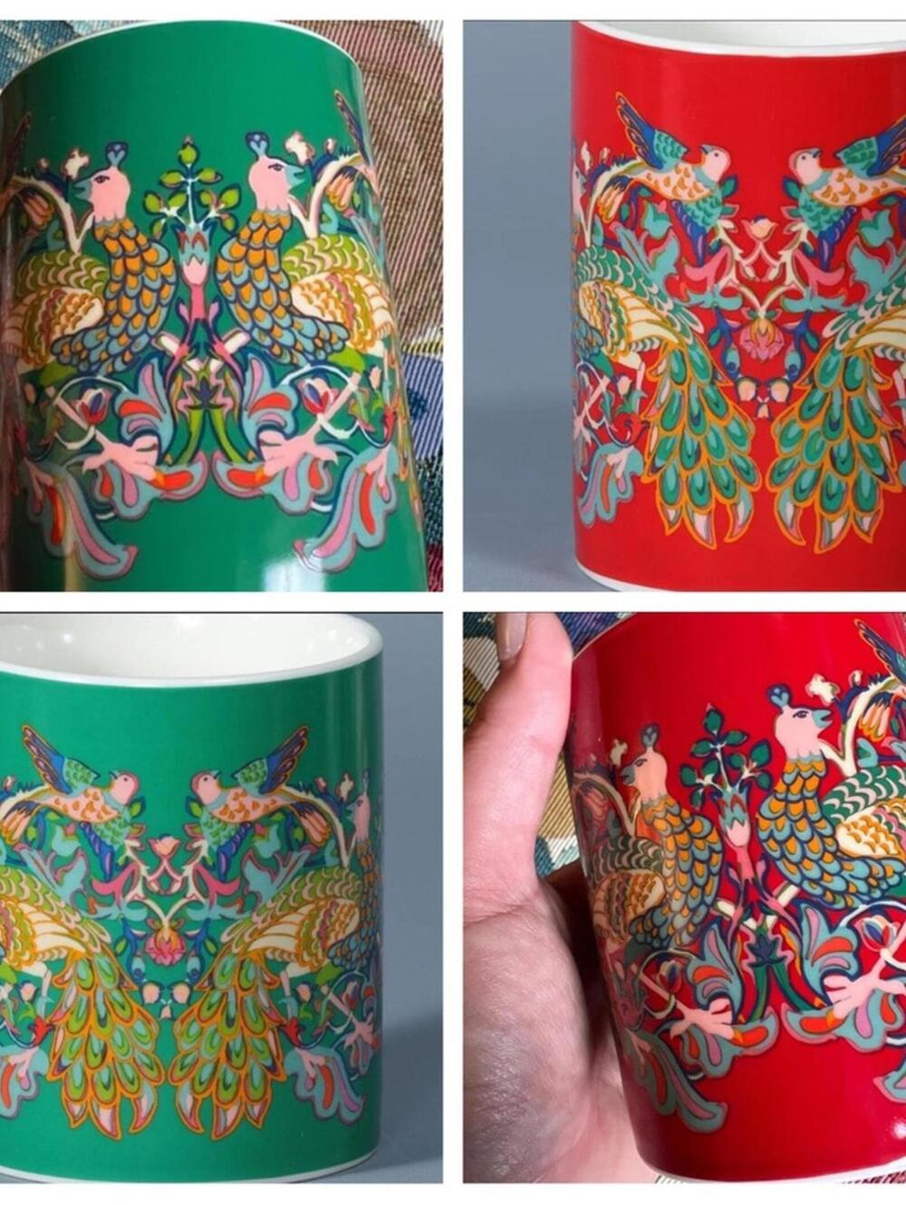 2 WILLIAM MORRIS Coffee Mugs Red Green Cup Set Peacock Floral Holiday Christmas